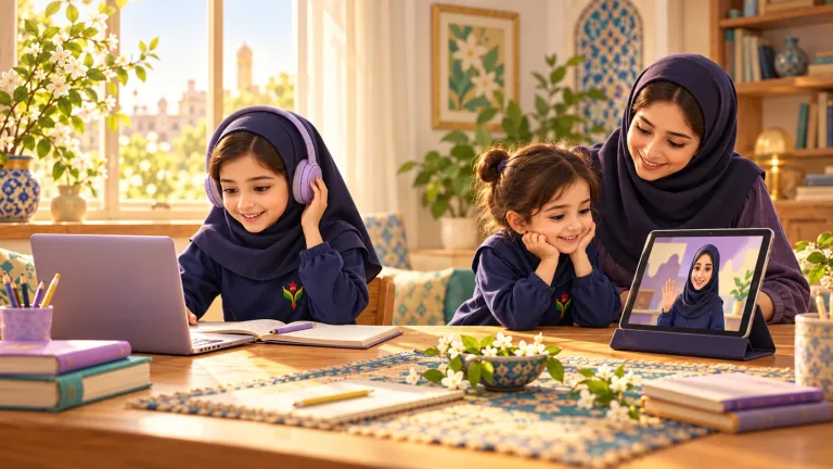 تصویرسازی دو مسیر یادگیری در خانه؛ دانش‌آموز دبستانی در کلاس آنلاین و نوآموز همراه مادر در جلسه با مربی